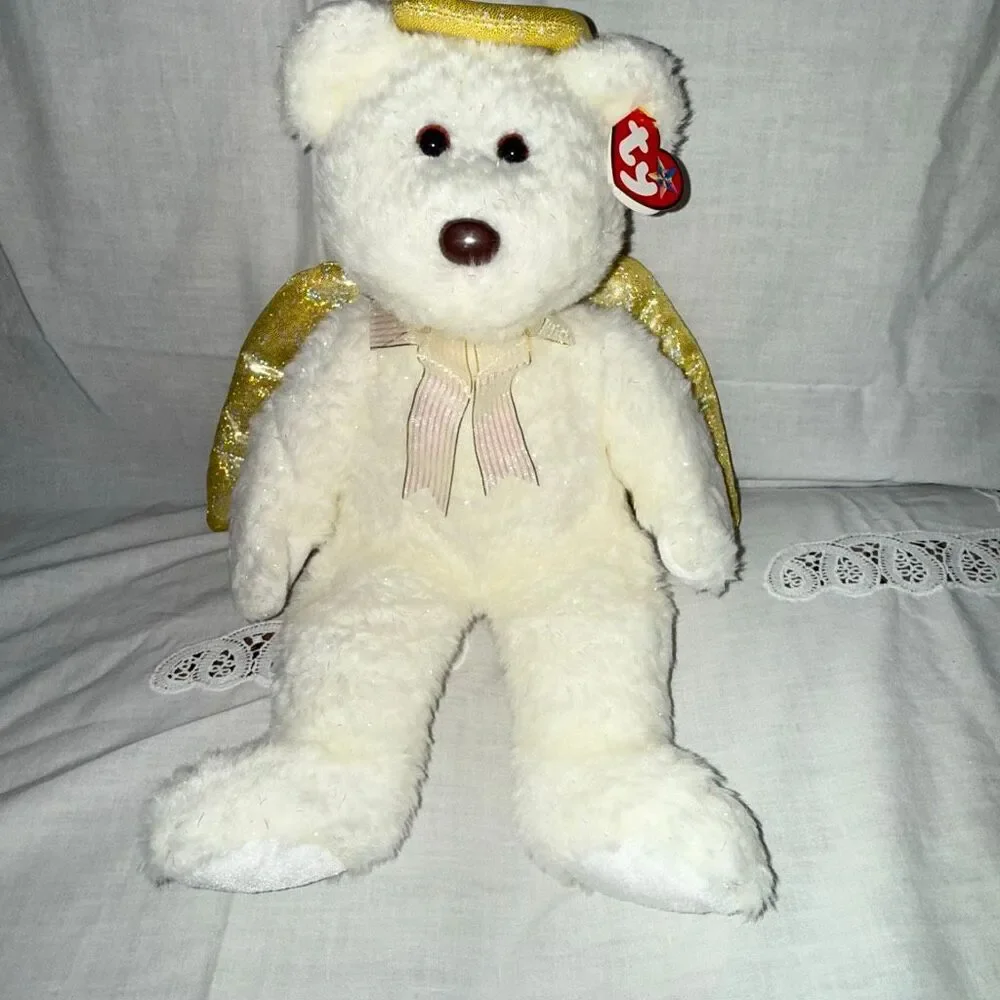 Ty Beanie Buddy Halo II Angel Bear 2000 White Gold Wings Iridescent Sparkle MWMT